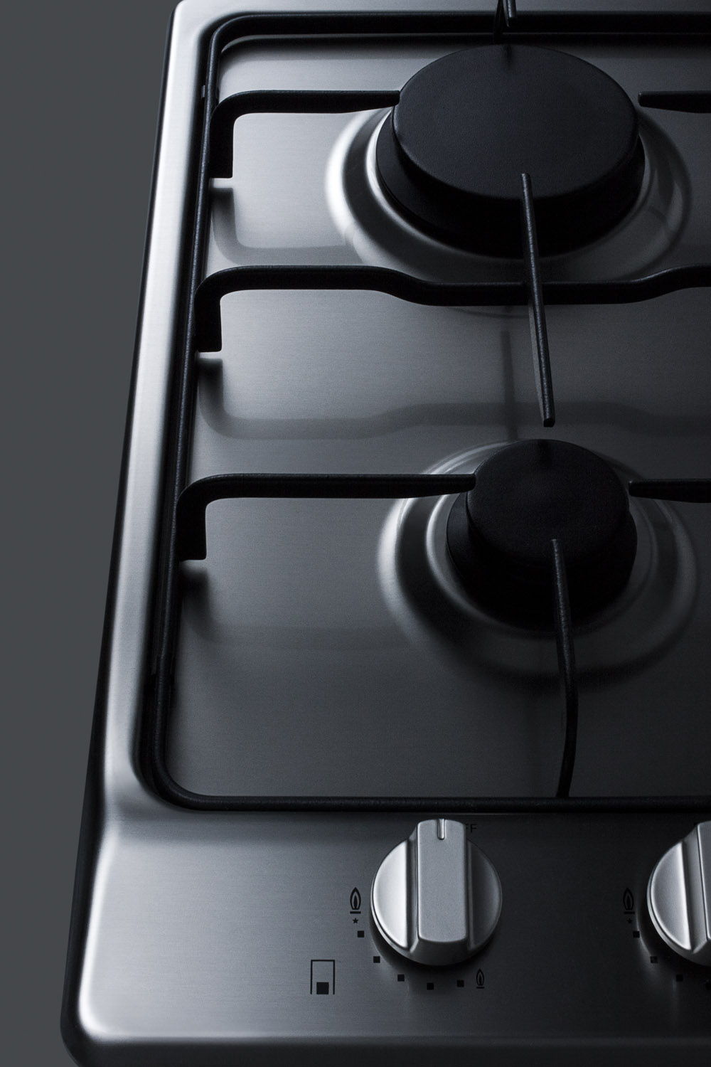 2-burner gas cooktop with sealed burners, stainless steel surface, and cast iron grates